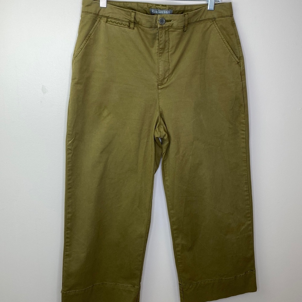 Garnet Hill Army Green Wide Leg Cropped Trousers/Pants SZ 12 98% Organic Cotton